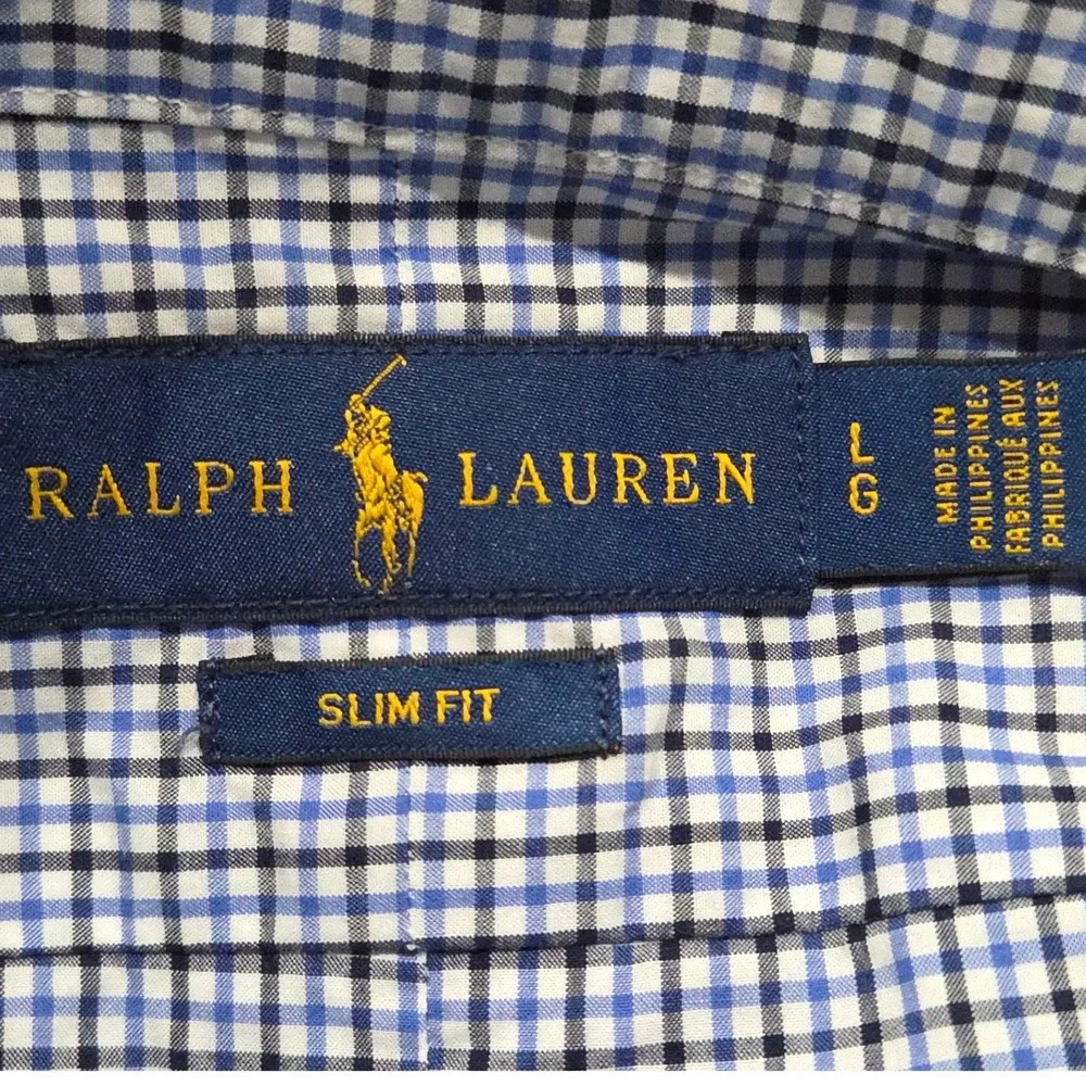 Ralph Lauren Button Down Shirt Mens Large Blue Black Check SLIM FIT Long Sleeve